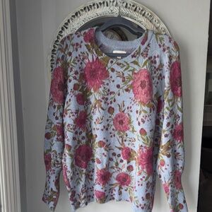 LC Lauren Conrad Light Blue Crewneck Sweater with Pink Floral Pattern
